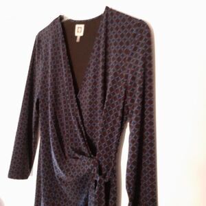 Anne Klein geometric black faux wrap dress career office Professional m medium 8